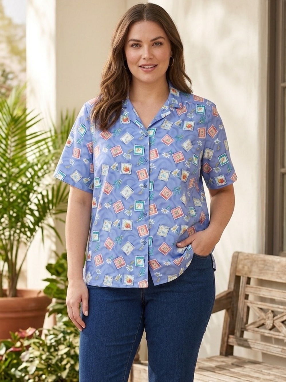 TanJay Blue Casual Button Down Shirt with Playful Print Size 14